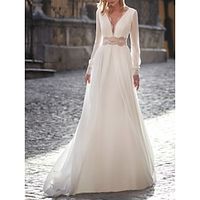 Open Back Wedding Dresses A-Line V Neck Long Sleeve Court Train Satin Bridal Gowns With Pleats 2023 Lightinthebox - thumbnail