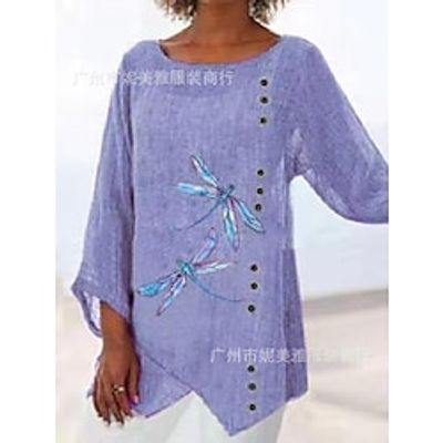 Amazon Ebay Hot Style Women's Shirt European And American Summer New Cotton And Linen Pullover Round Neck Dragonfly Print Long Shirt miniinthebox
