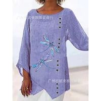 Amazon Ebay Hot Style Women's Shirt European And American Summer New Cotton And Linen Pullover Round Neck Dragonfly Print Long Shirt miniinthebox - thumbnail