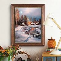 Handmade Oil Painting Canvas Wall Art Decoration Classical Landscape Village Snow Scene for Home Decor Rolled Frameless Unstretched Painting Christmas Gift miniinthebox - thumbnail