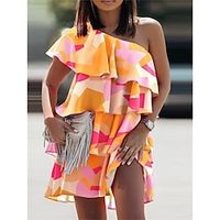 Women's Casual Dress Layered Dress Print Dress Graphic Ruffle Layered One Shoulder Mini Dress Fashion Elegant Daily Going out Sleeveless Regular Fit Yellow Pink Red Winter Fall S M L XL XXL Lightinthebox - thumbnail