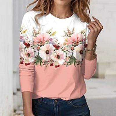 Women's T shirt Tee Floral Pink Print Long Sleeve Holiday Weekend Fashion Round Neck Regular Fit Spring   Fall Lightinthebox