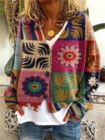 Women's Geometric Floral Color Print V-Neck Fleece Knitted Cardigan