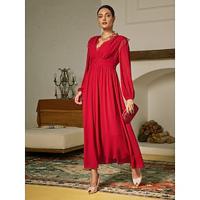 Chiffon Red Lace V Neck Party Maxi Dress - thumbnail