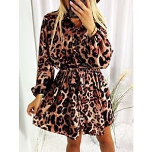 Women's Casual Dress Shirt Dress Brown White Long Sleeve Leopard Lace up Print Winter Fall Shirt Collar Stylish Casual Modern Fall Dress 2022 S M L XL 2XL  Cotton  Winter Dress Lightinthebox