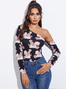 Black Floral One Shoulder Long Sleeves Tee