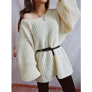 Women's Sweater Dress Pullover Sweater Jumper Off Shoulder Chunky Knit Polyester Knitted Spring Fall Winter Long Home Work Daily Fashion Daily Casual Long Sleeve Solid Color Black White Pink S M L miniinthebox