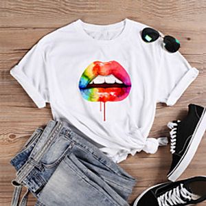 Women's T shirt Rainbow Lips Print Round Neck Tops 100% Cotton Basic Basic Top White miniinthebox