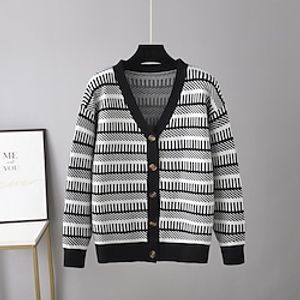 Women's Cardigan Sweater Jumper Ribbed Knit Patchwork Button Striped V Neck Stylish Casual Outdoor Daily Winter Fall Green Blue One-Size  Long Sleeve  Holiday  Going out  Loose Fit Lightinthebox
