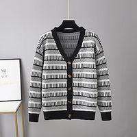 Women's Cardigan Sweater Jumper Ribbed Knit Patchwork Button Striped V Neck Stylish Casual Outdoor Daily Winter Fall Green Blue One-Size  Long Sleeve  Holiday  Going out  Loose Fit Lightinthebox - thumbnail