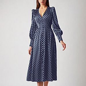 Women's A Line Dress Midi Dress Spot seconds Composition: 100% polyester Weight: 364g Blue Navy Blue Long Sleeve Polka Dot Spring Summer V Neck Elegant Casual 2021 S M L miniinthebox