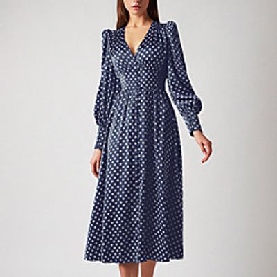 Women's A Line Dress Midi Dress Spot seconds Composition: 100% polyester Weight: 364g Blue Navy Blue Long Sleeve Polka Dot Spring Summer V Neck Elegant Casual 2021 S M L miniinthebox