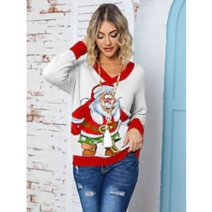 Women's Ugly Christmas Sweater Pullover Sweater Jumper V Neck Ribbed Knit Polyester Knitted Print Fall Winter Regular Outdoor Christmas Holiday Daily Stylish Casual Long Sleeve Letter Santa Claus Lightinthebox