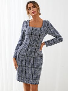 YOINS Blue Square neck Tweed Mini Dress
