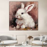 Hand painted Baby Rabbit Oil Painting handmade White Rabbit Artwork Animal painting Wall Art White Cute painting from an oil painting for living room bedroom home decor Lightinthebox