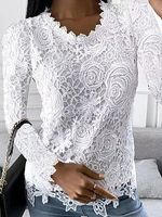 Round Neck Casual Loose Solid Color Lace Long Sleeve T-shirt