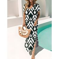Women's Casual Dress Summer Dress Geometric Print Split V Neck Long Dress Maxi Dress Streetwear Maxi Street Holiday Short Sleeve Loose Fit Wine Green Summer Spring S M L XL 3XL Lightinthebox - thumbnail