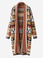 Casual Geometric Print Patchwork Lapel Long Sleeve Women Cardigans