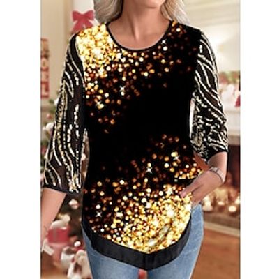 Women's Shirt Blouse Graphic Sparkly Black Print Long Sleeve Party Casual Fashion Round Neck Regular Fit Spring   Fall Lightinthebox