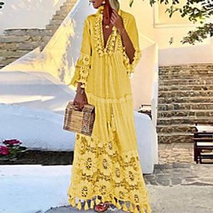 Women's Swing Dress Maxi long Dress Blue Yellow Blushing Pink White 3/4-Length Sleeve Solid Color Embroidered Tassel Fringe Patchwork Spring Summer V Neck Casual / Daily Loose 2021 S M L XL XXL XXXL miniinthebox