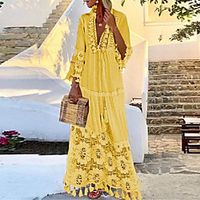 Women's Swing Dress Maxi long Dress Blue Yellow Blushing Pink White 3/4-Length Sleeve Solid Color Embroidered Tassel Fringe Patchwork Spring Summer V Neck Casual / Daily Loose 2021 S M L XL XXL XXXL miniinthebox - thumbnail