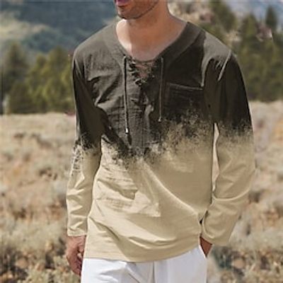 Men's Unisex T shirt Tee 3D Print Color Block Graphic Prints V Neck Street Daily Lace up Print Long Sleeve Tops Designer Basic Casual Big and Tall Khaki Lightinthebox