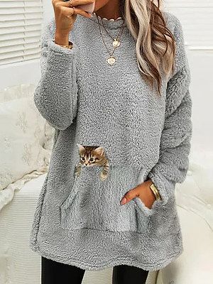 Casual Cat Print Crew Neck Long Sleeve Plush Thermal Sweatshirt
