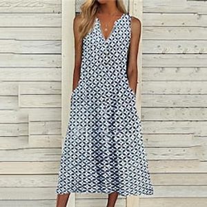 Women's A Line Dress Midi Dress Purple Sleeveless Geometric Pocket Print Spring Summer V Neck Casual Boom Sale Dress XXL Lightinthebox