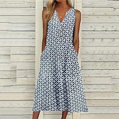 Women's A Line Dress Midi Dress Purple Sleeveless Geometric Pocket Print Spring Summer V Neck Casual Boom Sale Dress XXL Lightinthebox