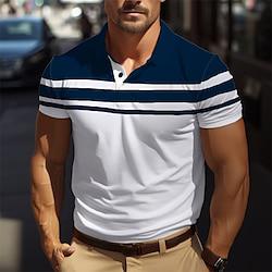 Men's Golf Shirt Golf Polo Work Casual Lapel Short Sleeve Basic Modern Color Block Stripes Button Spring Summer Regular Fit Black Navy Blue Brown Green Light Blue Grey Golf Shirt Lightinthebox