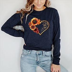Women's T shirt Tee Graphic Heart Flower Casual Daily Holiday Painting T shirt Tee Long Sleeve Print Round Neck Basic Green Black Blue S miniinthebox