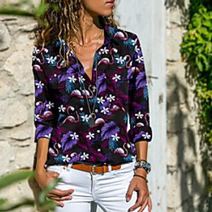Women's Going out Blouse Shirt Floral Graphic Long Sleeve Button Print Shirt Collar Tops Streetwear Basic Top Purple Red Green Lightinthebox