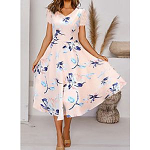 Women's Swing Dress Midi Dress Blushing Pink Short Sleeve Floral Flower Print Spring Summer V Neck Elegant Holiday 2021 M L XL 2XL 3XL / Party miniinthebox