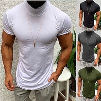 Men's T shirt Tee Plain Turtleneck Casual Sports Short Sleeve Clothing Apparel Cotton Fashion Casual Breathable miniinthebox
