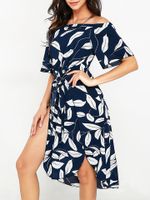 Sexy Leaves Print Off-shoulder Splited Tie Half Sleeve Women Dresses