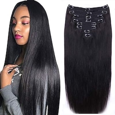 Straight Human Hair Clip in Hair Extensions for Black Women 100% Unprocessed Full Head Brazilian Virgin Hair Natural Black Color8Pcs with 18Clips Lightinthebox