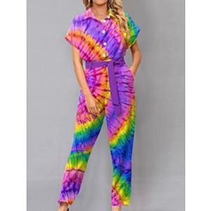 Women's Jumpsuit Print Tie Dye Shirt Collar Casual Going out Weekend Harem Loose Fit Short Sleeve T-shirt Sleeve Rainbow S M L Summer Lightinthebox