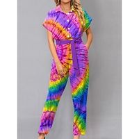 Women's Jumpsuit Print Tie Dye Shirt Collar Casual Going out Weekend Harem Loose Fit Short Sleeve T-shirt Sleeve Rainbow S M L Summer Lightinthebox - thumbnail