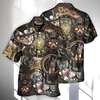 Men's Shirt Summer Hawaiian Shirt Cat Graphic Prints Machine Turndown Gold Casual Holiday Short Sleeve Button-Down Print Clothing Apparel Tropical Fashion Hawaiian Soft Lightinthebox