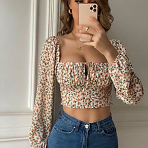 Women's Holiday Floral Theme Crop Top Blouse Peasant Blouse Floral Graphic Long Sleeve Drawstring Print Square Neck Basic Tops Khaki Lightinthebox