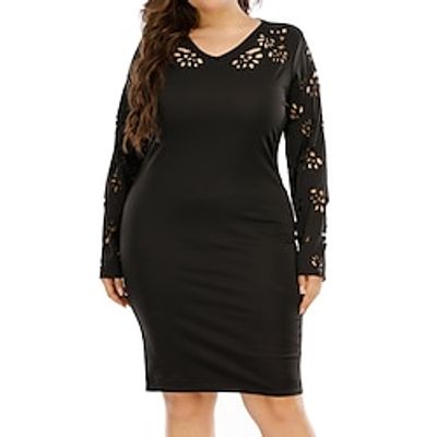 Women's Plus Size Curve Party Dress Winter Dress Sheath Dress Plain Midi Dress Long Sleeve Hollow Out V Neck Fashion Party Black Fall Winter XL XXL 3XL 4XL Lightinthebox