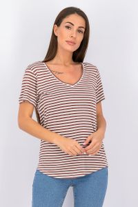 Womens Striped V-neck T-Shirt  Brown/Beige