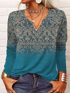 V-neck Casual Loose Vintage Print Long Sleeve T-shirt