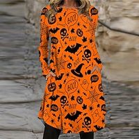 Women's Casual Dress T Shirt Dress Tee Dress Knee Length Dress Orange Long Sleeve Skull Letter Pumpkin Pocket Print Fall Winter Crew Neck Vacation Casual Halloween 2022 S M L XL XXL 3XL miniinthebox - thumbnail