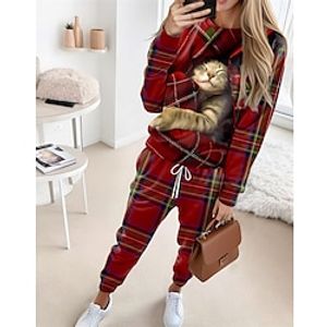 Women's Sweatshirt Tracksuit Pants Sets Plaid Cat Red Drawstring Print Long Sleeve Outdoor Casual Active Daily Round Neck Regular Fit Spring   Fall Lightinthebox