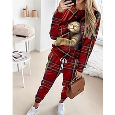 Women's Sweatshirt Tracksuit Pants Sets Plaid Cat Red Drawstring Print Long Sleeve Outdoor Casual Active Daily Round Neck Regular Fit Spring   Fall Lightinthebox