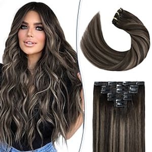 Clip in Hair Extensions Real Human Hair S-noilite #1BT1BP6 Natural Black Mixed Chestnut Brown Double Weft hair extensions 18 Inch Clip in Real Human Hair for Women Balayage Straight 7PCS 125g Lightinthebox