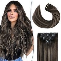 Clip in Hair Extensions Real Human Hair S-noilite #1BT1BP6 Natural Black Mixed Chestnut Brown Double Weft hair extensions 18 Inch Clip in Real Human Hair for Women Balayage Straight 7PCS 125g Lightinthebox - thumbnail
