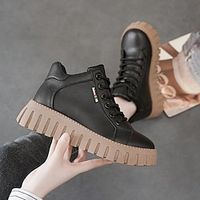 Women's Boots Winter Boots Daily Fleece Lined Lace-up Flat Heel Round Toe Plush Walking Faux Leather Lace-up Solid Color Black White miniinthebox - thumbnail