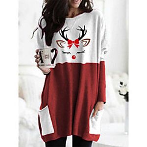 Women's T Shirt Dress Tee Dress Short Mini Dress Green Red Long Sleeve Print Pocket Patchwork Print Fall Spring Round Neck Casual Christmas Loose 2021 S M L XL XXL 3XL / Plus Size / Plus Size miniinthebox